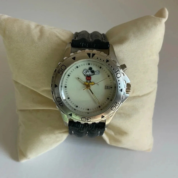 Disney Other - Mickey Mouse Watch With Black Leather Strap .